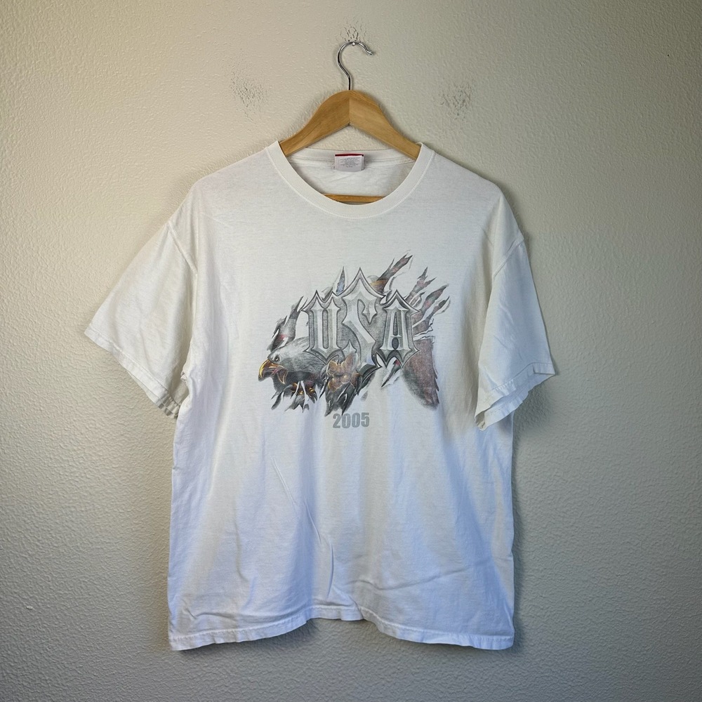Y2K Sonoma Graphic Tee Mens Large White Good 2005 USA Eagle America Distressed